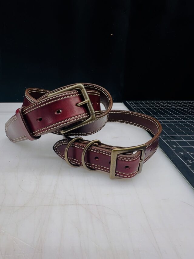 Matching Gift Set!
This Wickett and Craig burgundy harness Cattleman Belt with matching stitching to our Large Breed 1.25” dog collar. All with solid brass hardware in the Antique Brass color. Both can be found on our website at 
BSCLEATHERGOODS.COM